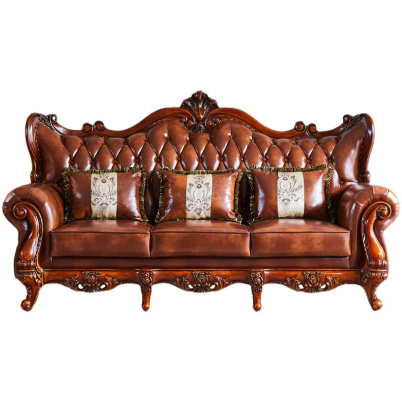 Traditional Tufted Split-Back Seating Flared Arm Sofa with Pillows in Brown