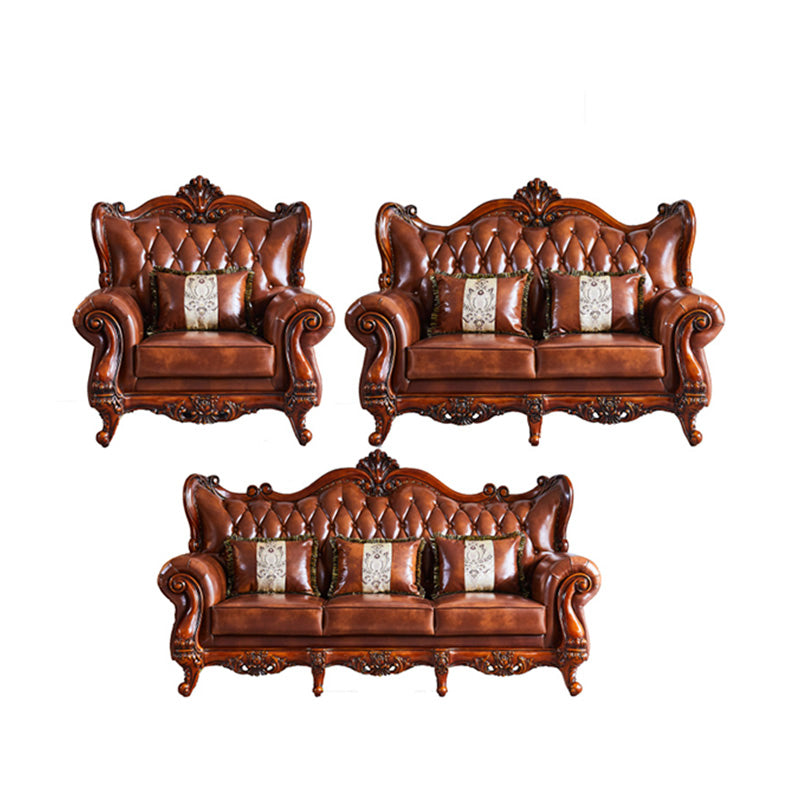 Traditional Tufted Split-Back Seating Flared Arm Sofa with Pillows in Brown