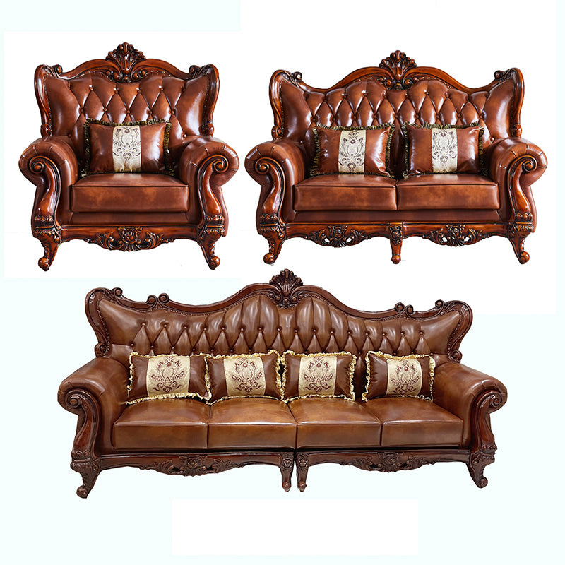 Traditional Tufted Split-Back Seating Flared Arm Sofa with Pillows in Brown