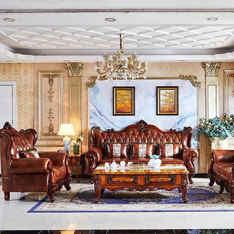 Traditional Tufted Split-Back Seating Flared Arm Sofa with Pillows in Brown