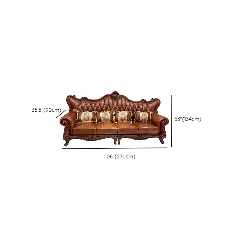 Traditional Tufted Split-Back Seating Flared Arm Sofa with Pillows in Brown