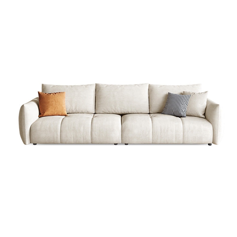 Modern Genuine Leather Square Arm Sofa White Sofa with Bolster Pillows