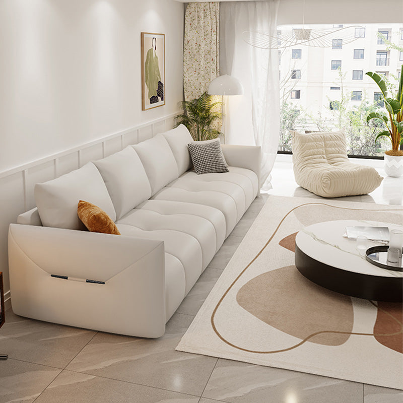 Modern Genuine Leather Square Arm Sofa White Sofa with Bolster Pillows
