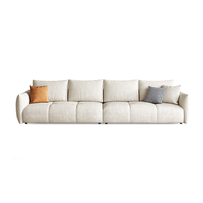 Modern Genuine Leather Square Arm Sofa White Sofa with Bolster Pillows