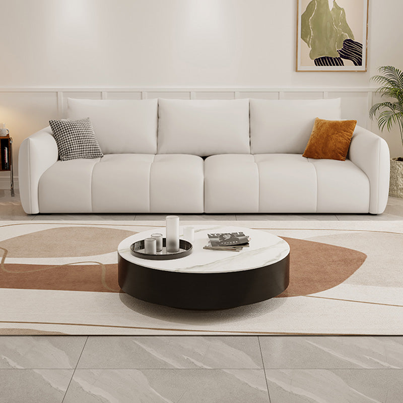 Modern Genuine Leather Square Arm Sofa White Sofa with Bolster Pillows
