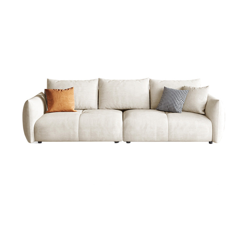 Modern Genuine Leather Square Arm Sofa White Sofa with Bolster Pillows