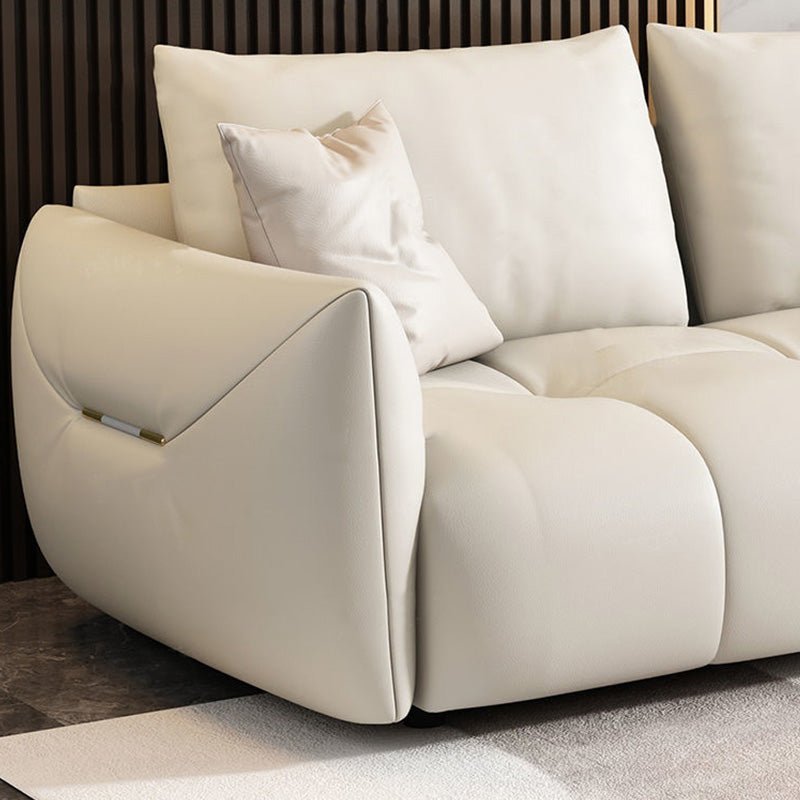 Modern Genuine Leather Square Arm Sofa White Sofa with Bolster Pillows