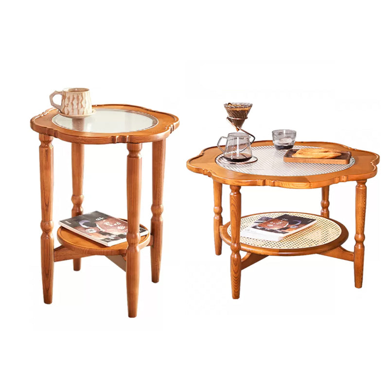 Solid Wood Accent Side Table Living Room Naturally Shaped Double Tier 4 Legs