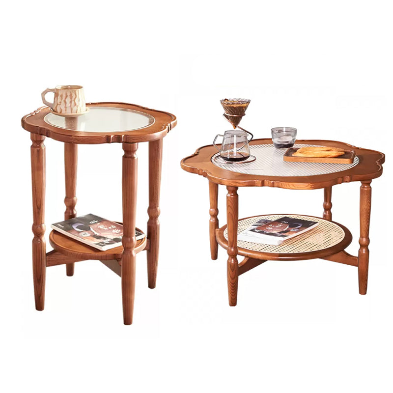 Solid Wood Accent Side Table Living Room Naturally Shaped Double Tier 4 Legs