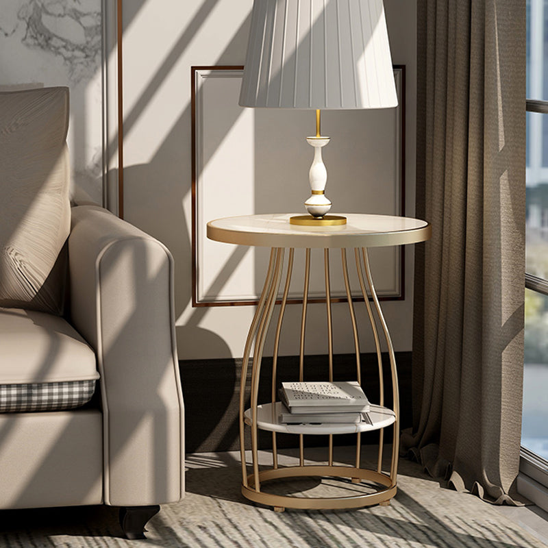 Glam Accent Side Table Living Room Double Tier Round with Storage Metal