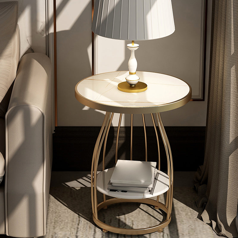 Glam Accent Side Table Living Room Double Tier Round with Storage Metal