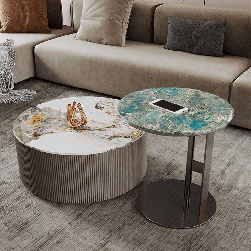 Glam C-shape Side Table Round Stone Top Sofa Side Accent Table