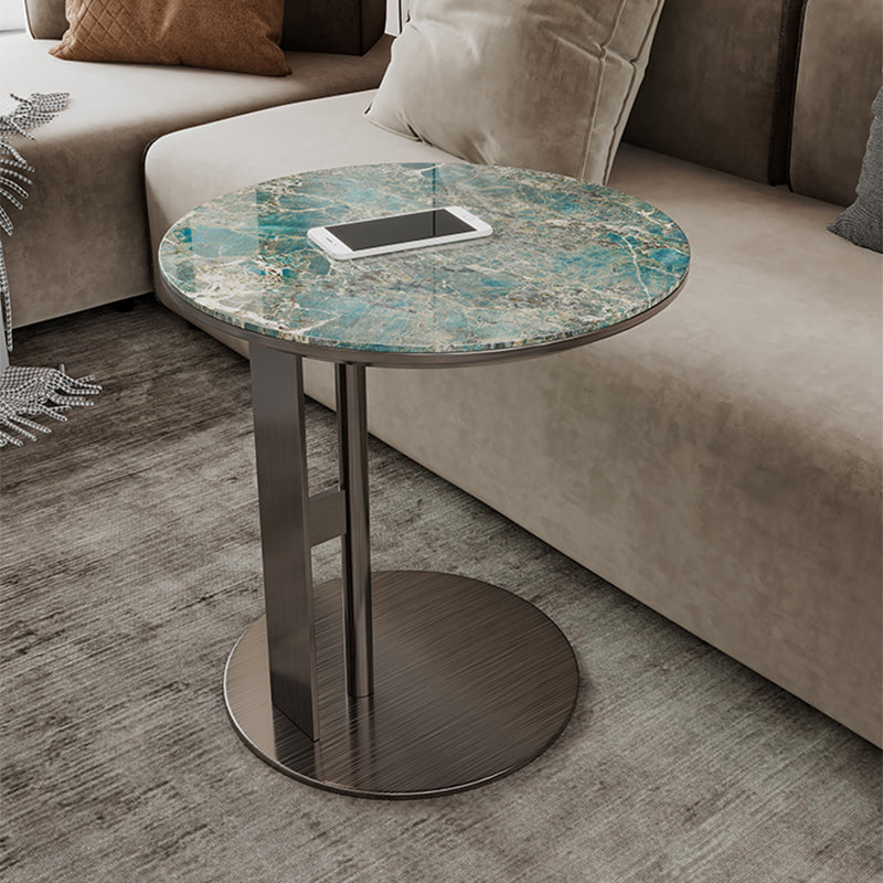 Glam C-shape Side Table Round Stone Top Sofa Side Accent Table