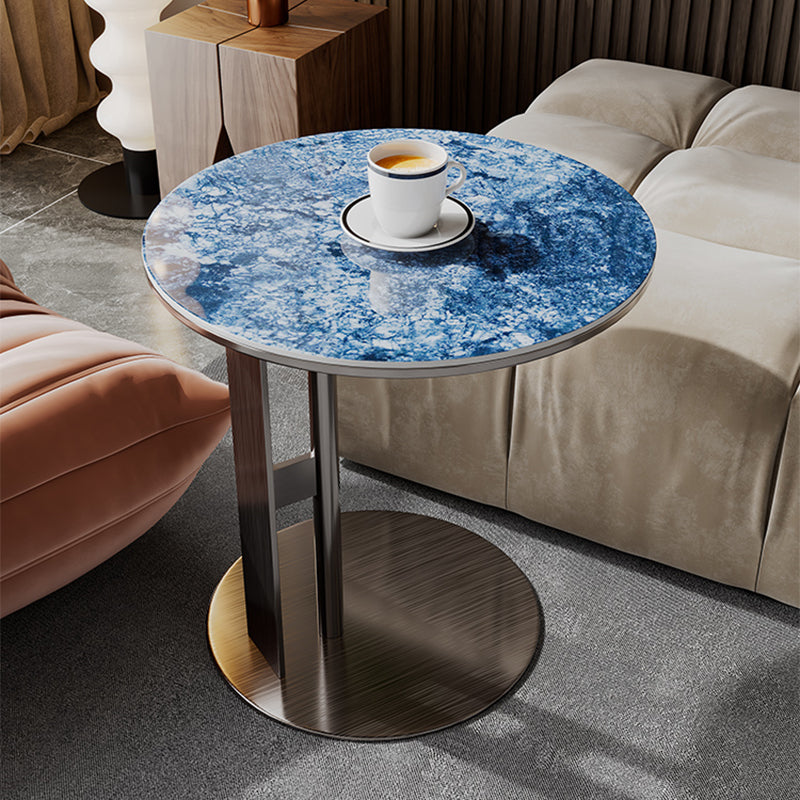 Glam C-shape Side Table Round Stone Top Sofa Side Accent Table