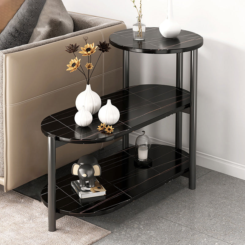Glam Metal Side Table with Shelves Geometric Stone Top Accent Side Table