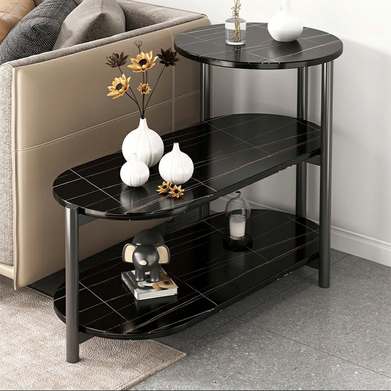 Glam Metal Side Table with Shelves Geometric Stone Top Accent Side Table
