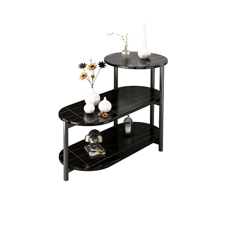 Glam Metal Side Table with Shelves Geometric Stone Top Accent Side Table