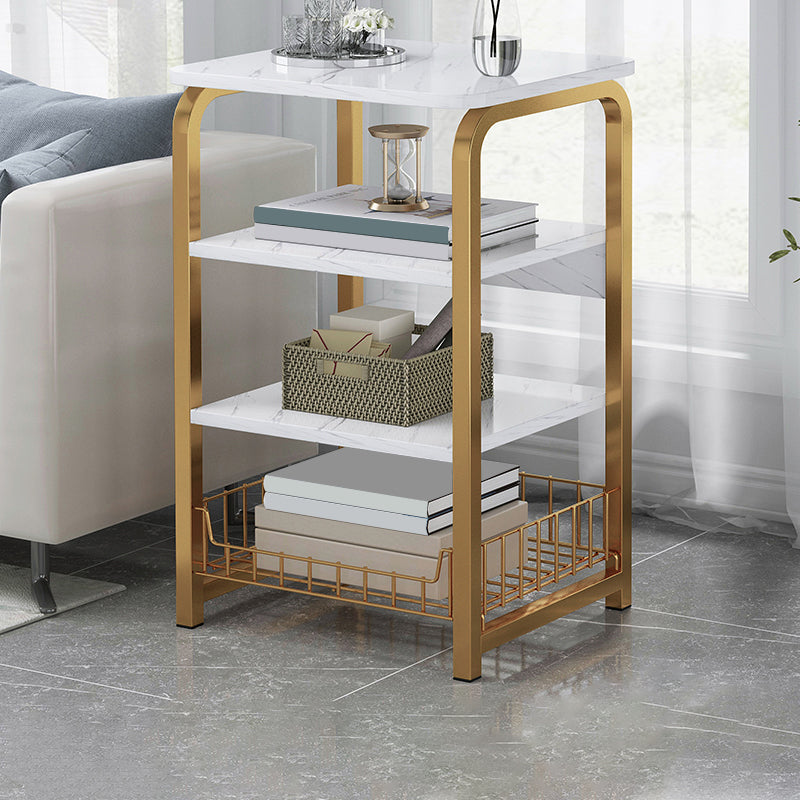 Glam Metal Side Table with Shelves Geometric Stone Top Accent Side Table