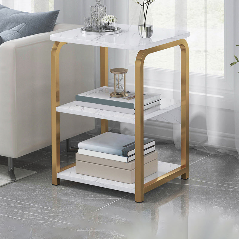 Glam Metal Side Table with Shelves Geometric Stone Top Accent Side Table