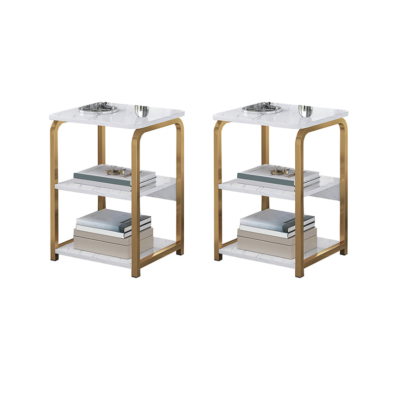 Glam Metal Side Table with Shelves Geometric Stone Top Accent Side Table