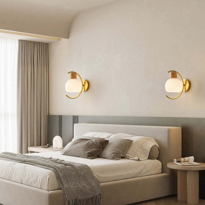 Wood Modern Wall Sconce Geometric Shape Wall Light with Glass Shade for Bedroom
