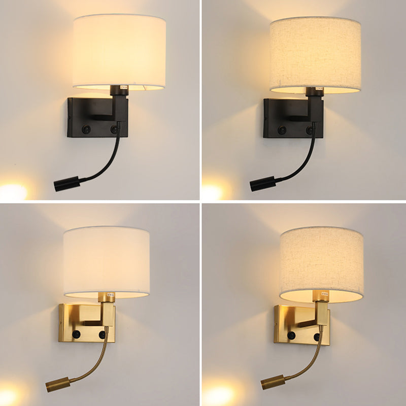 Modern Cylinder Wall Light Fixture Fabric 2 Lights Wall Sconce for Bedroom