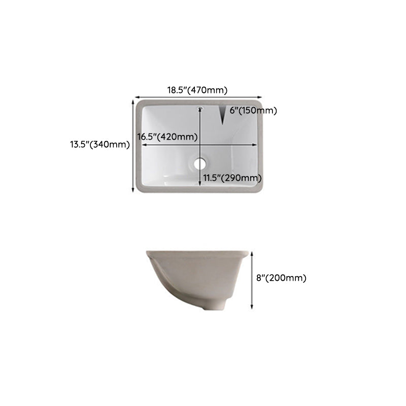 Traditional Undermount Vanity Sink Rectangular Porcelain with Pop-Up Drain Basin Sink