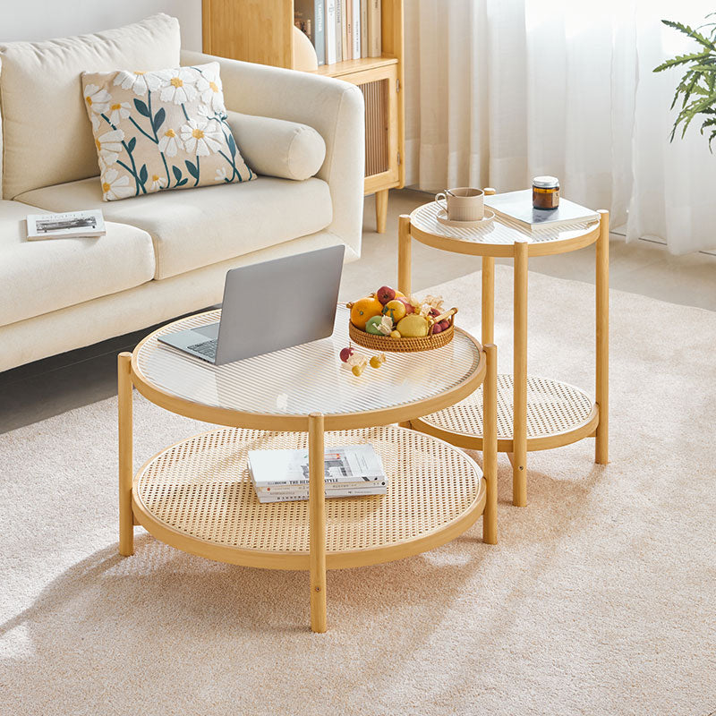Tropical Coffee Table Glass 4 Legs Storage Round Coffee Cocktail Table