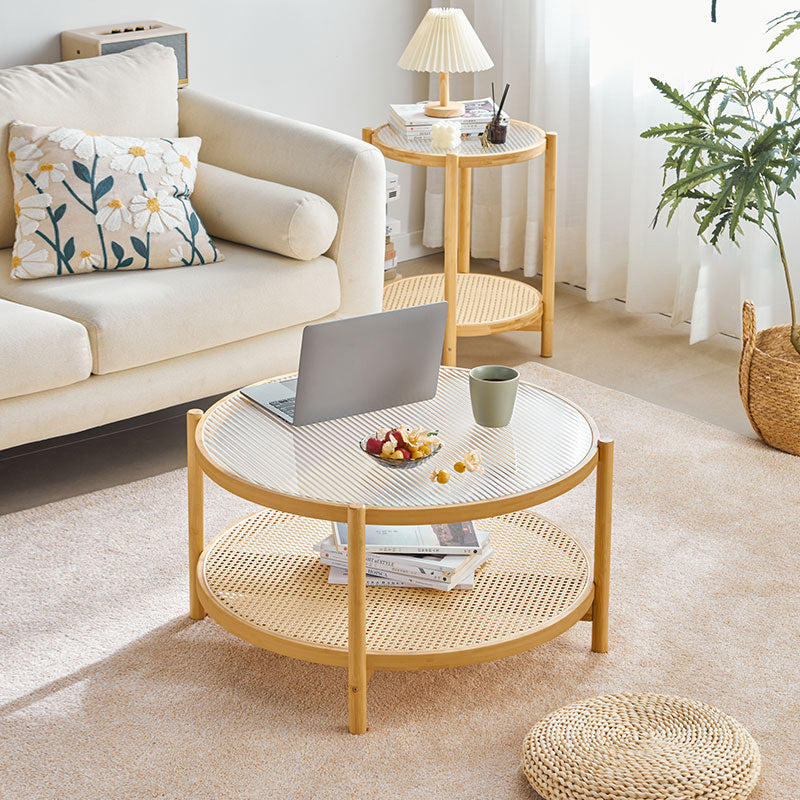 Tropical Coffee Table Glass 4 Legs Storage Round Coffee Cocktail Table