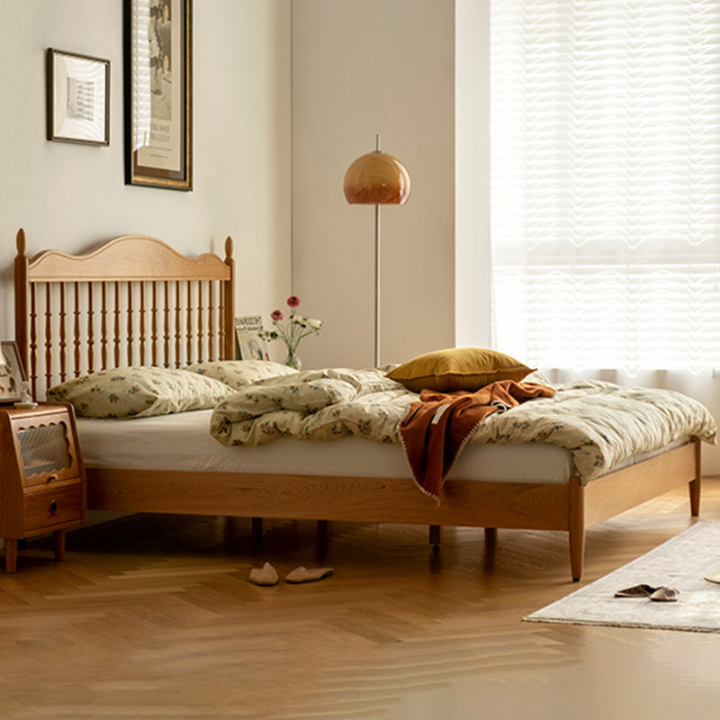 Contemporary Pine Wood Bed in Light Brone Scandinavian Bed with Headboard