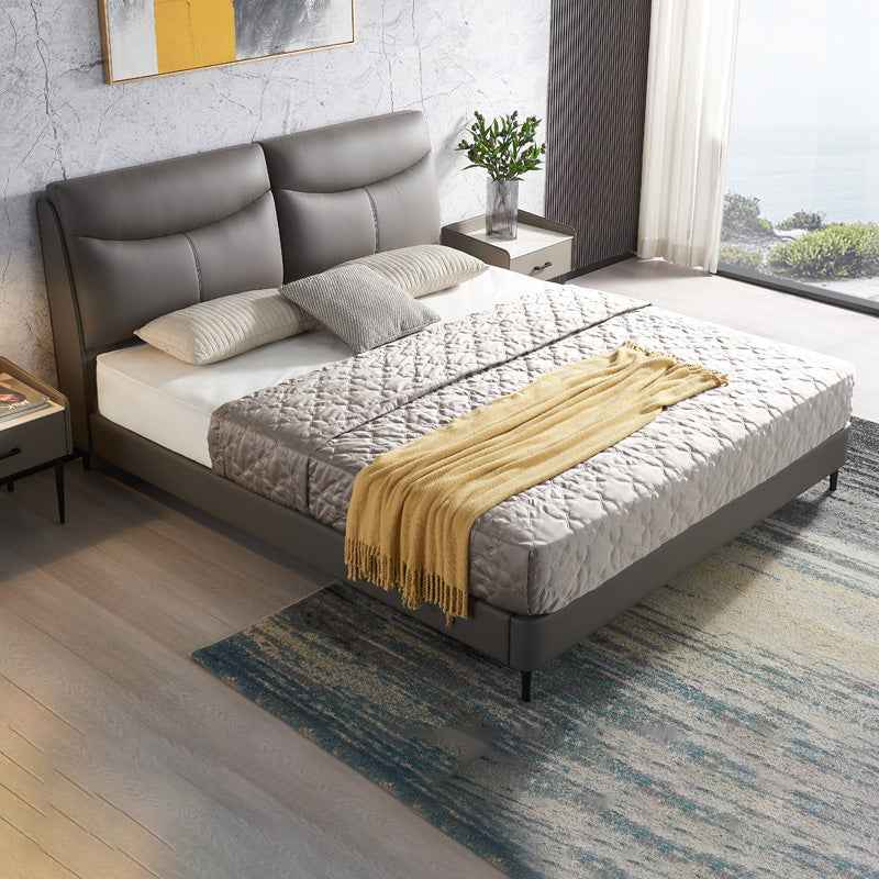 Genuine Leather Panel Bed Solid Color Upholstered Headboard Standard Bed