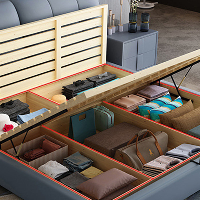 Contemporary Genuine Leather Upholstered Platform Bed Blue Bed Frame