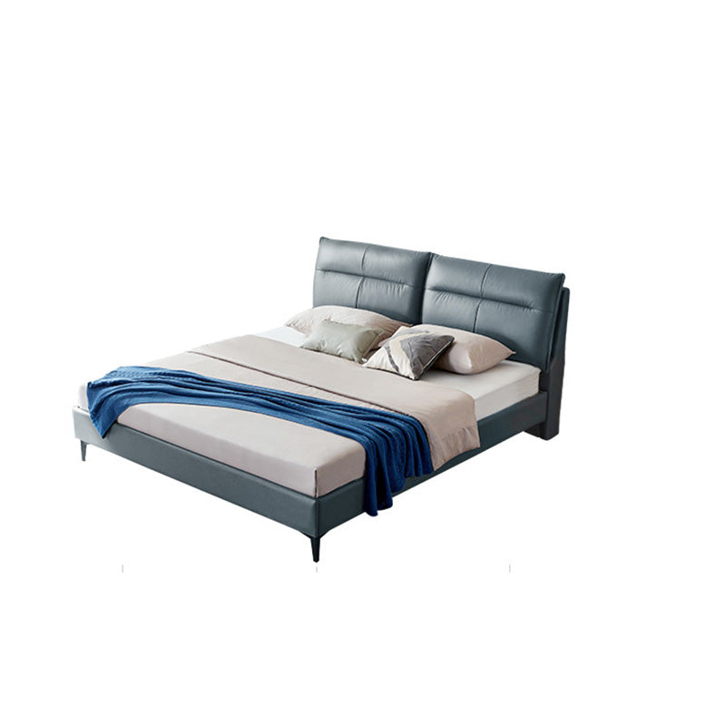 Rectangular Solid Color Panel Bed Genuine Leather Standard Bed with Metal Legs