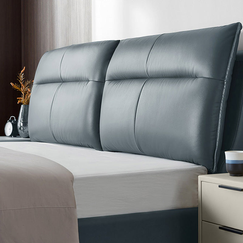 Rectangular Solid Color Panel Bed Genuine Leather Standard Bed with Metal Legs