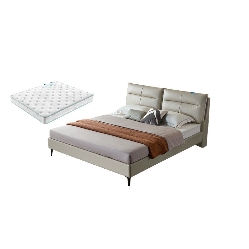 Rectangular Solid Color Panel Bed Genuine Leather Standard Bed with Metal Legs