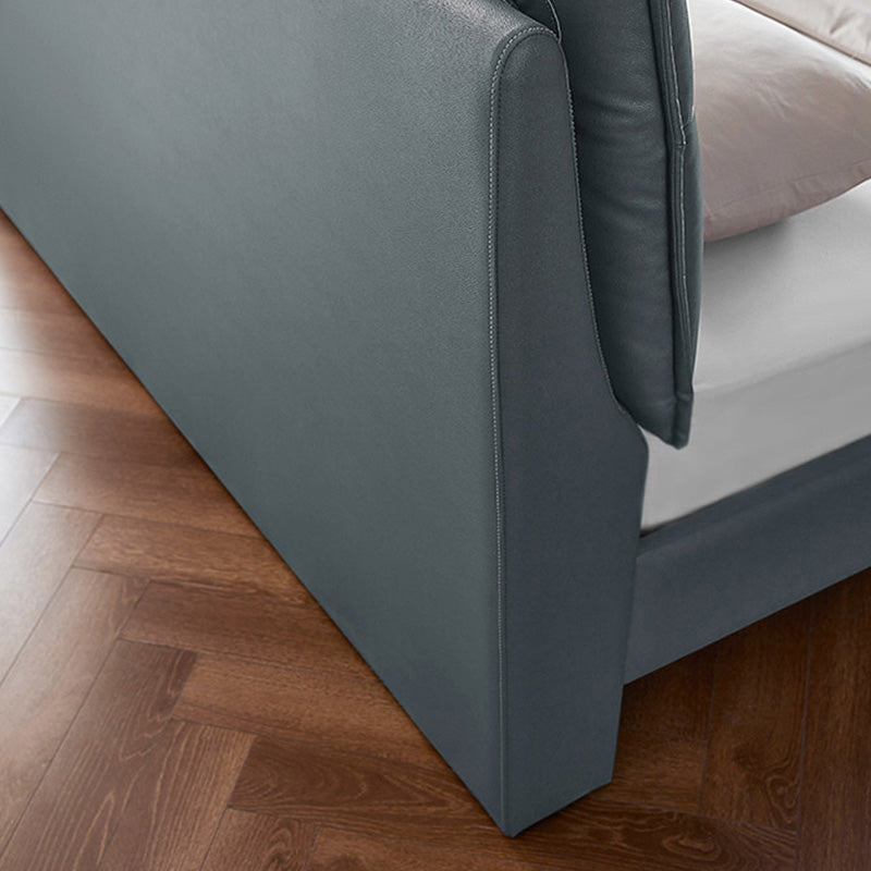 Rectangular Solid Color Panel Bed Genuine Leather Standard Bed with Metal Legs