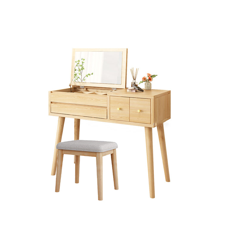 Solid Wood Makeup Vanity Desk Flip-Top Mirror Makeup Vanity Set with Drawer
