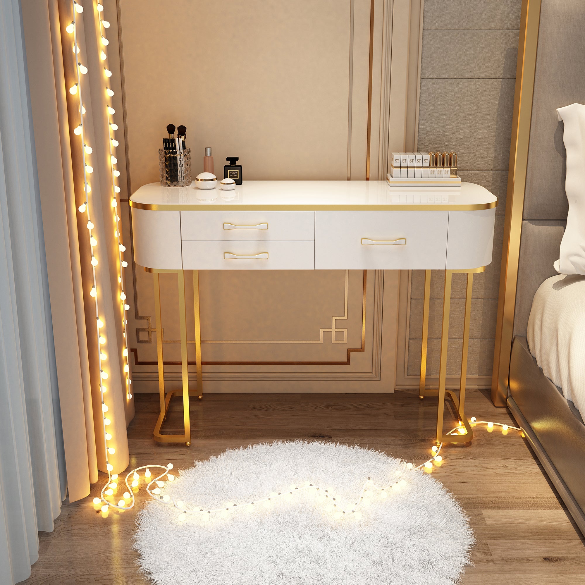 Wooden Makeup Vanity Desk Lighted Mirror Dressing Table Stool Set with Drawer