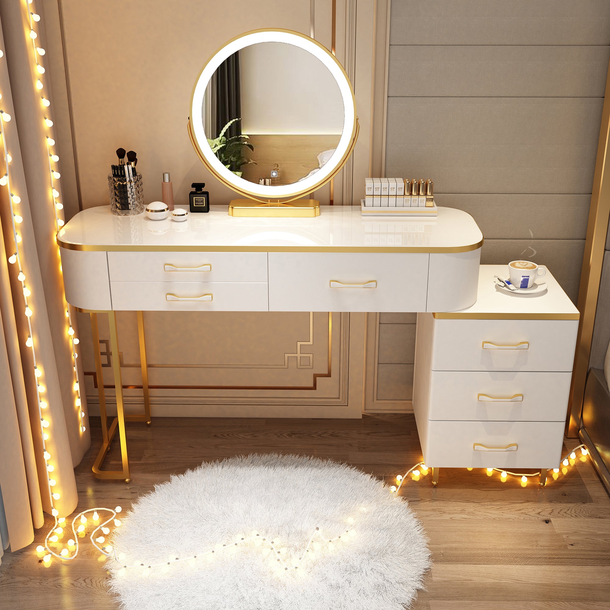 Wooden Makeup Vanity Desk Lighted Mirror Dressing Table Stool Set with Drawer