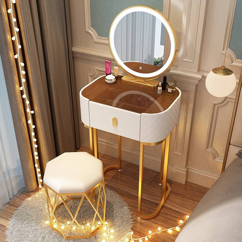 Glass Top Makeup Vanity Desk Bedroom Dressing Table Stool Set with Drawer