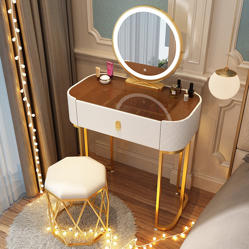 Glass Top Makeup Vanity Desk Bedroom Dressing Table Stool Set with Drawer