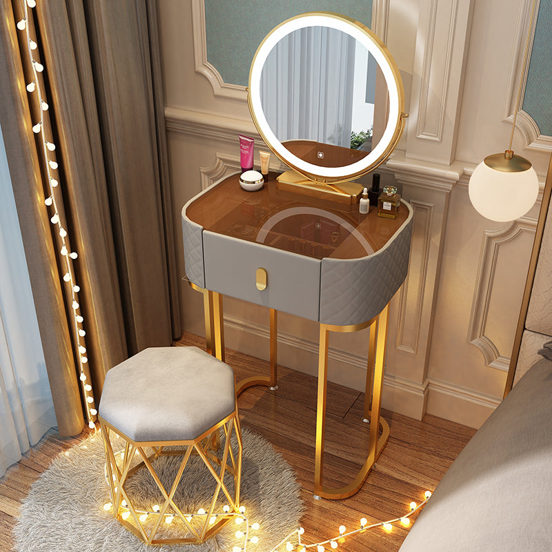 Glass Top Makeup Vanity Desk Bedroom Dressing Table Stool Set with Drawer