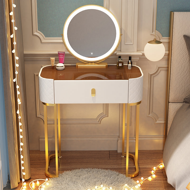 Glass Top Makeup Vanity Desk Bedroom Dressing Table Stool Set with Drawer