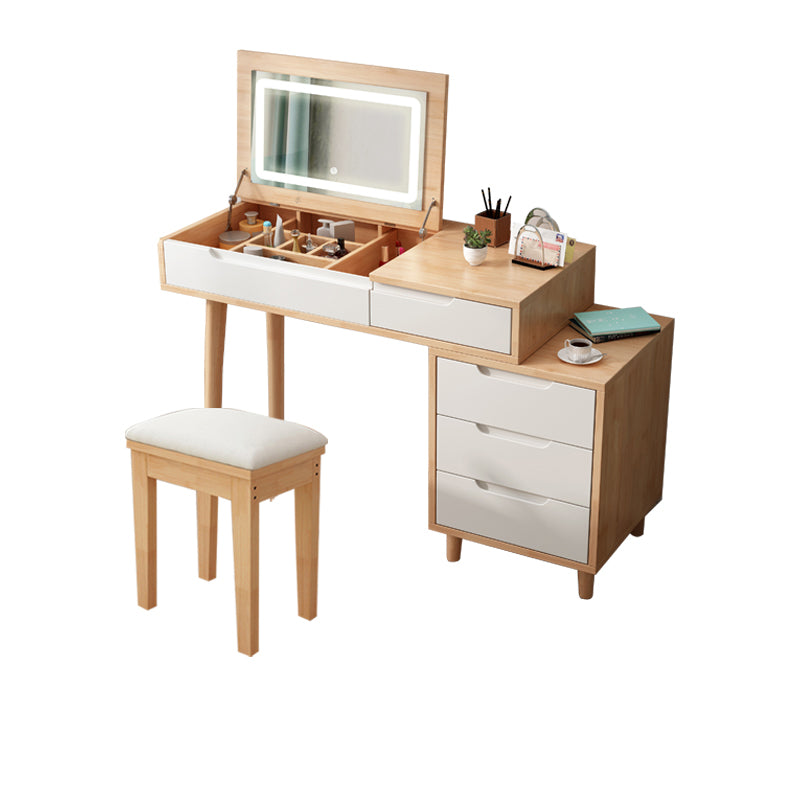 Modern Rubberwood Dressing Table Set with Stool 1-Mirror Wood Vanity Table