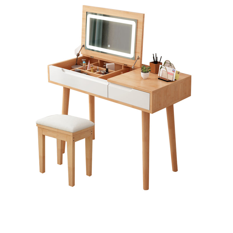 Modern Rubberwood Dressing Table Set with Stool 1-Mirror Wood Vanity Table