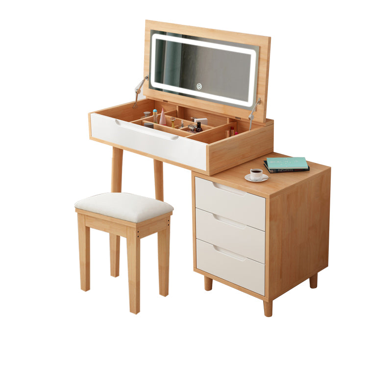 Modern Rubberwood Dressing Table Set with Stool 1-Mirror Wood Vanity Table