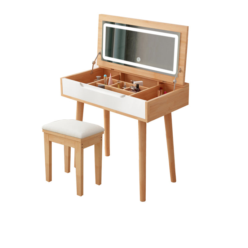 Modern Rubberwood Dressing Table Set with Stool 1-Mirror Wood Vanity Table