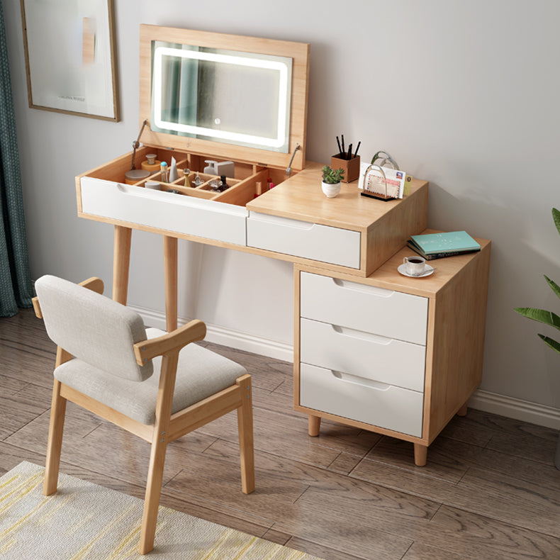 Modern Rubberwood Dressing Table Set with Stool 1-Mirror Wood Vanity Table