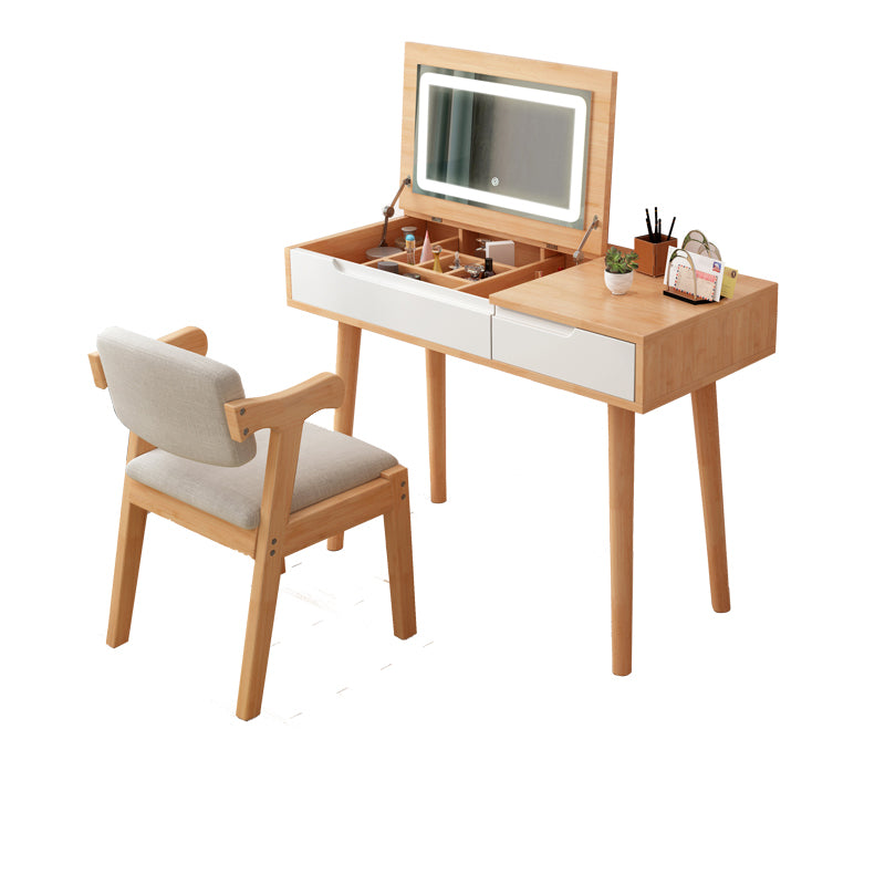 Modern Rubberwood Dressing Table Set with Stool 1-Mirror Wood Vanity Table