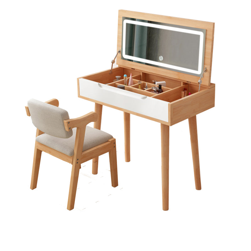Modern Rubberwood Dressing Table Set with Stool 1-Mirror Wood Vanity Table
